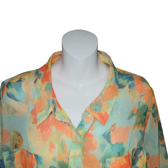 Lane Bryant 22/24 Sheer Floral Blouse Mint Green Orange Watercolor Tunic Flowy - Picture 2 of 9